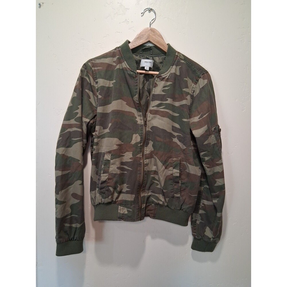 New Look Supreme Full Zip Bomber Jacket Wmn's Sz M Green/Brown Camo Army Outdoor